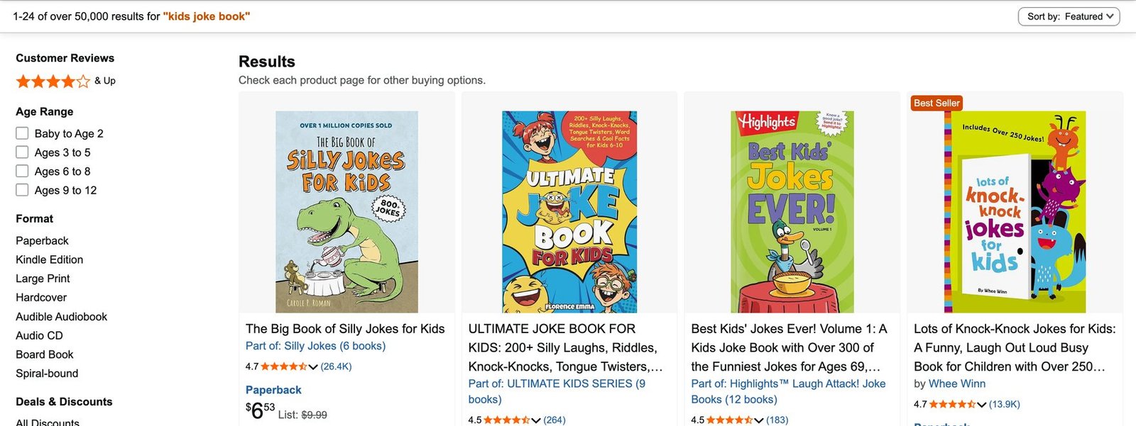 Amazon search results for kids joke book, 21 September 2026, showing over 50,000 results