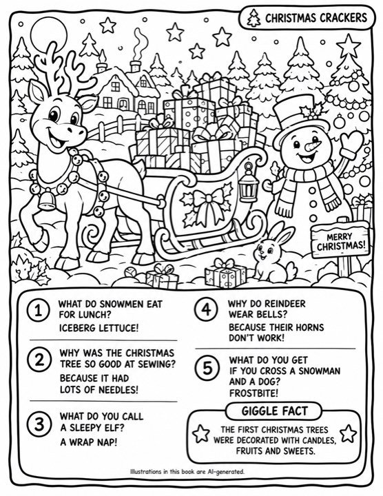 A black and white colouring page from a christmas book