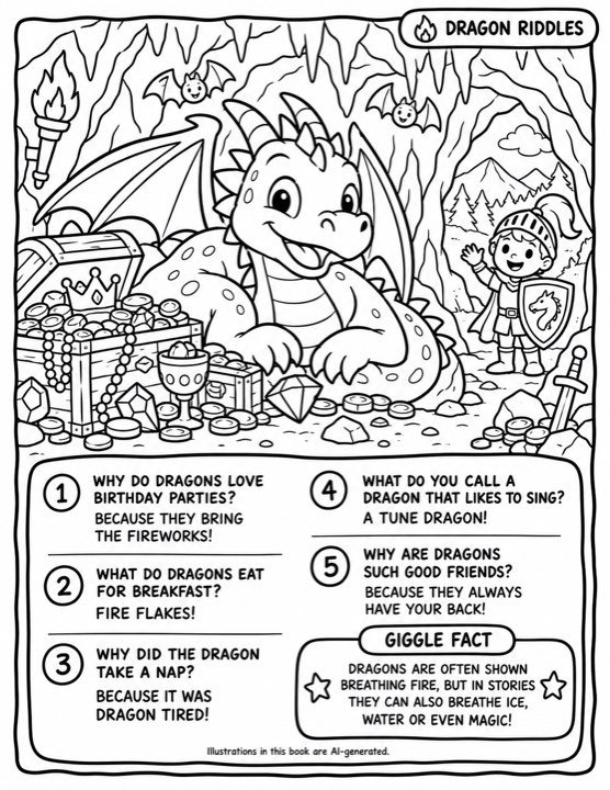 A black and white colouring page from a dragons book