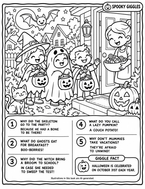 A black and white colouring page from a halloween book
