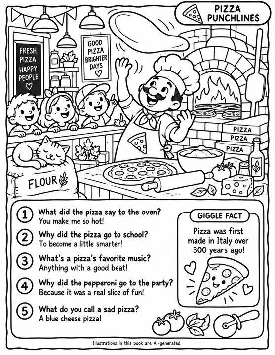 A black and white colouring page from a pizza book