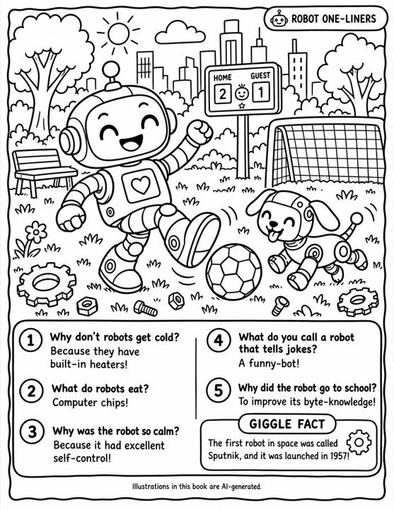 A black and white colouring page from a robots book