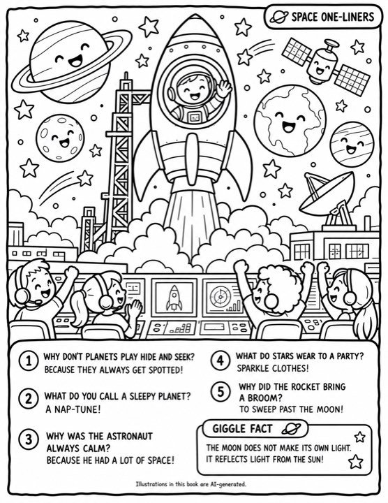 A black and white colouring page from a space book