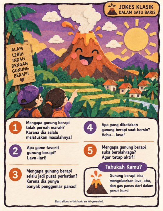 A joke page about volcanoes written in Bahasa Indonesia