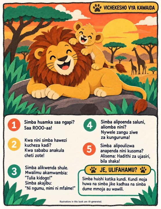 A joke page about lions written in Kiswahili