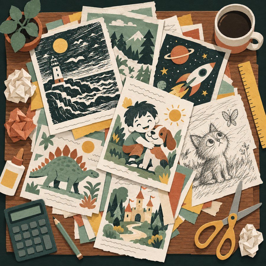 A desk buried in loose book pages, every one of them in a different art style