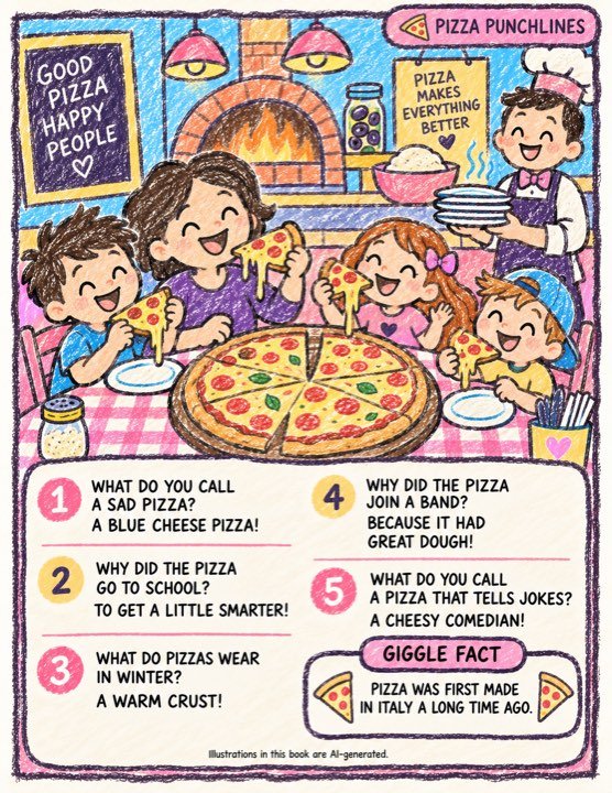A crayon-coloured page from a pizza book