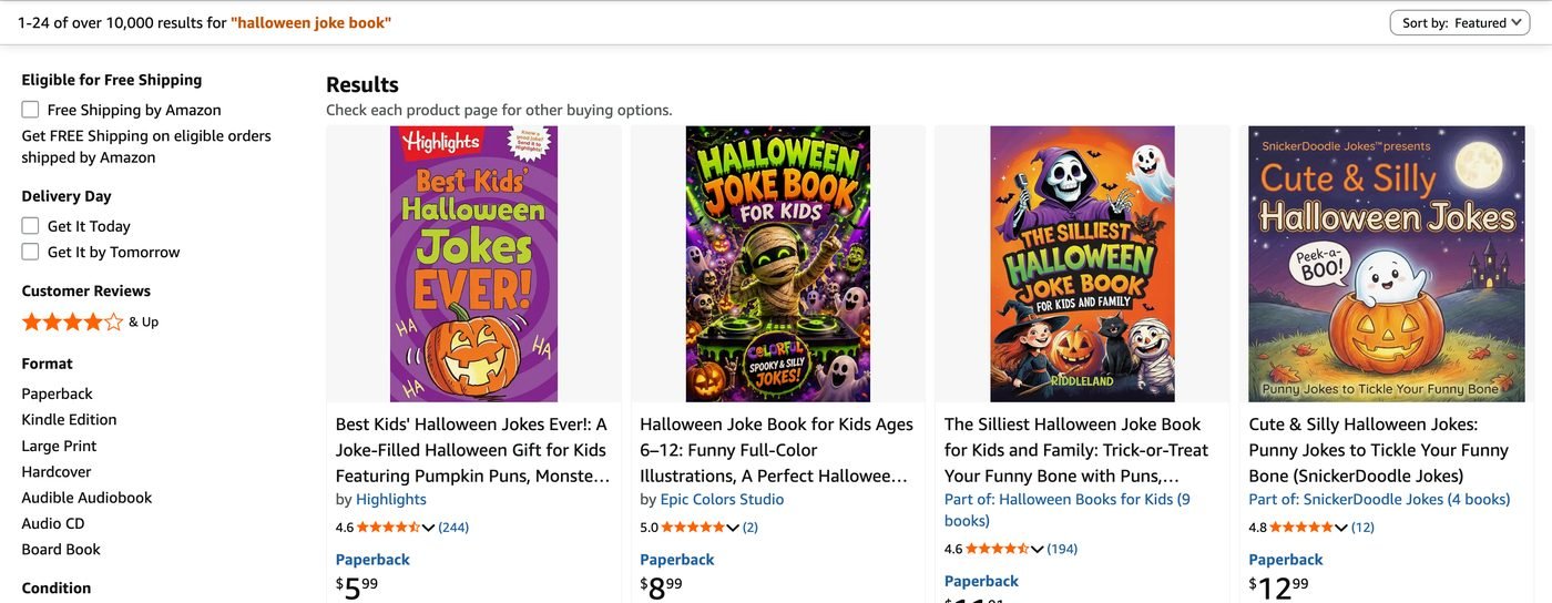 Amazon search results for &ldquo;halloween joke book&rdquo;, 21 September 2026