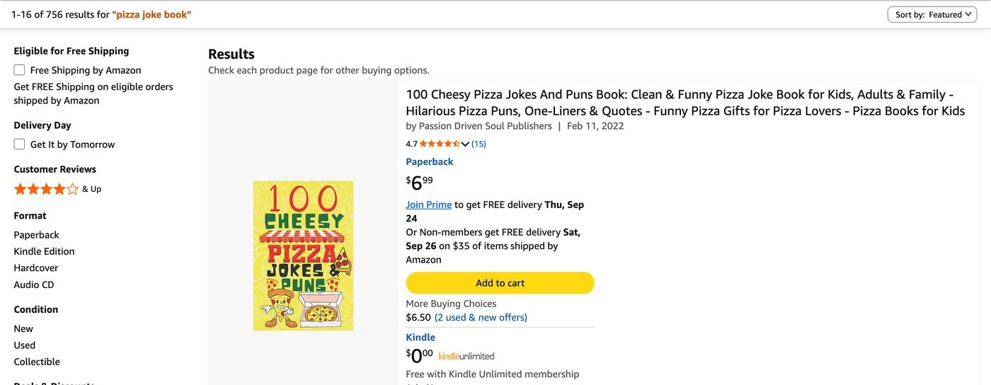 Amazon search results for &ldquo;pizza joke book&rdquo;, 21 September 2026