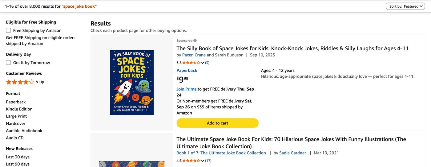 Amazon search results for &ldquo;space joke book&rdquo;, 21 September 2026