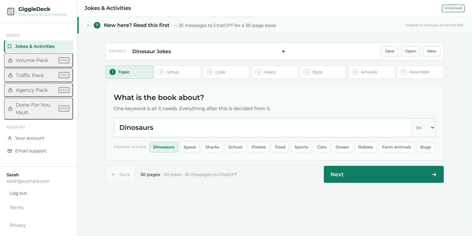 The keyword field, with the page map already counting 30 pages, 110 jokes and 35 messages