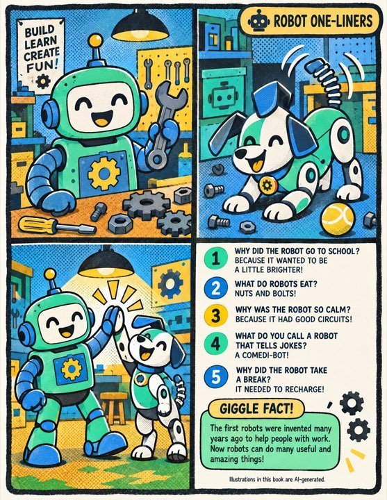 A comic-panel robot page where one panel of the grid holds the jokes