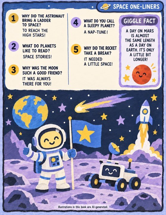 A gouache space page with the jokes across the top